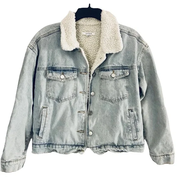 Pacsun Faux Sherpa Fleece Lined Denim Jacket Light Wash Grunge Vibes Warm - Picture 1 of 9
